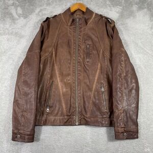 Guess Faux Leather‎ Jacket Womens XL Brown Zip Moto Y2K Vintage Style